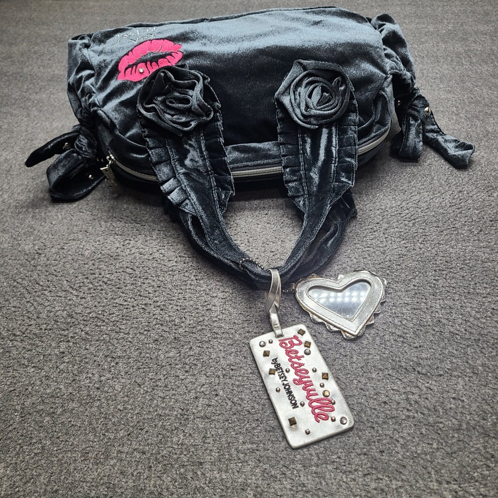 Betseyville Betsey Johnson Shoulder Bag Womens Medium Grey Excellent Velvet Rose - Picture 5 of 7